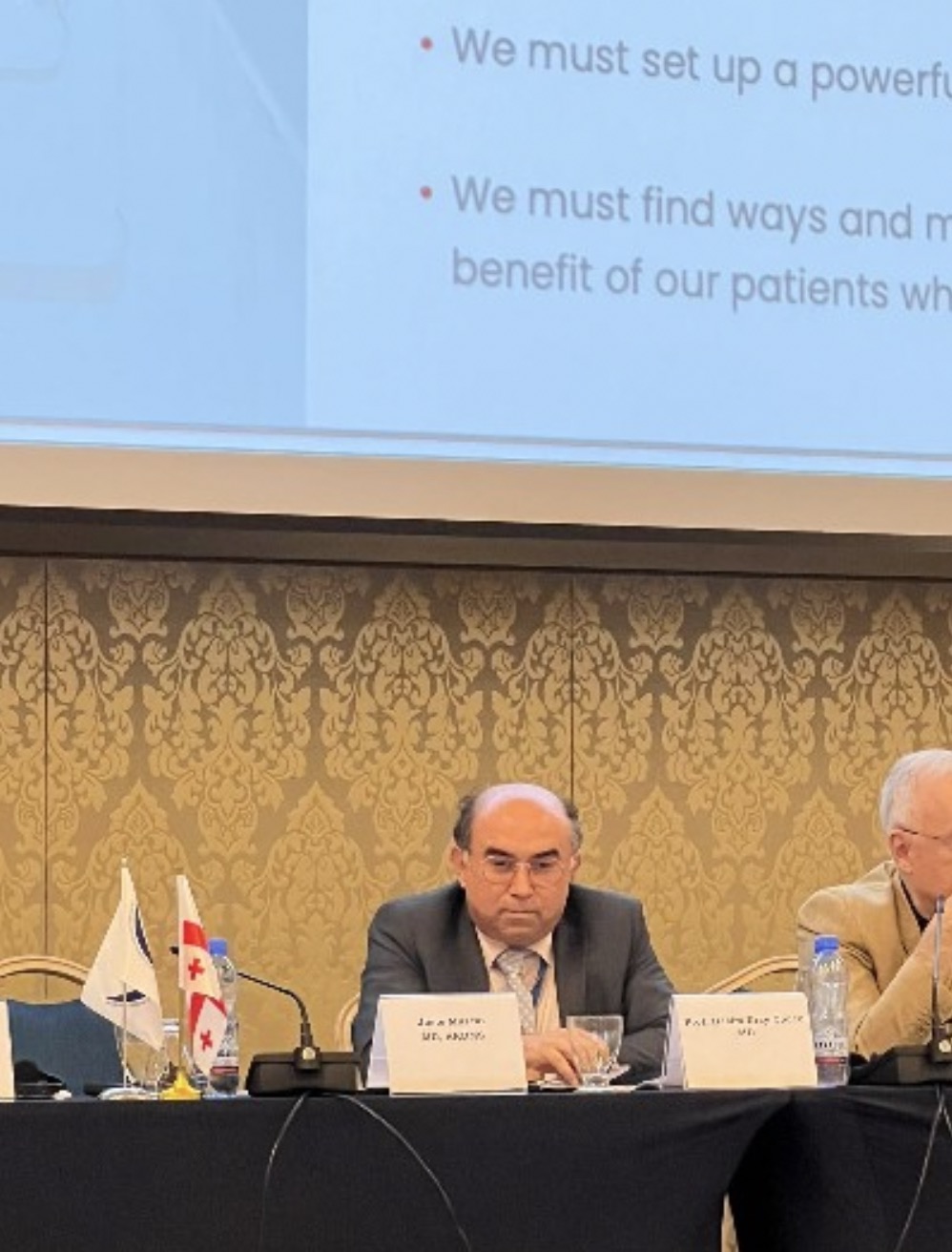 Copcu seated on a panel beneath a projected slide, with the Georgian flag on the table