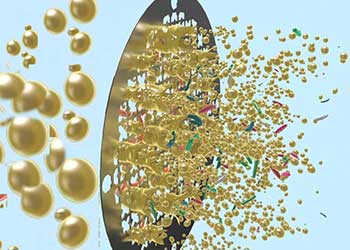 Gold spheres passing through a screen and emerging fragmented on the far side