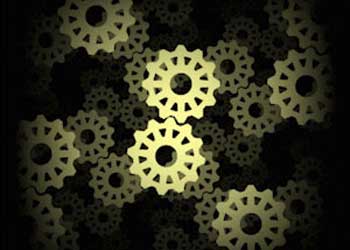Interlocking gold gears on a dark field, illustrating the supercharged processing cycle
